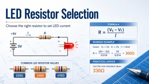 LED resistor selection example using a 5 volt supply and a 330 ohm practical resistor value