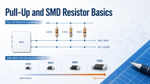 Pull-up resistor examples and comparison of 0402, 0603, 0805, and 1206 SMD resistor packages