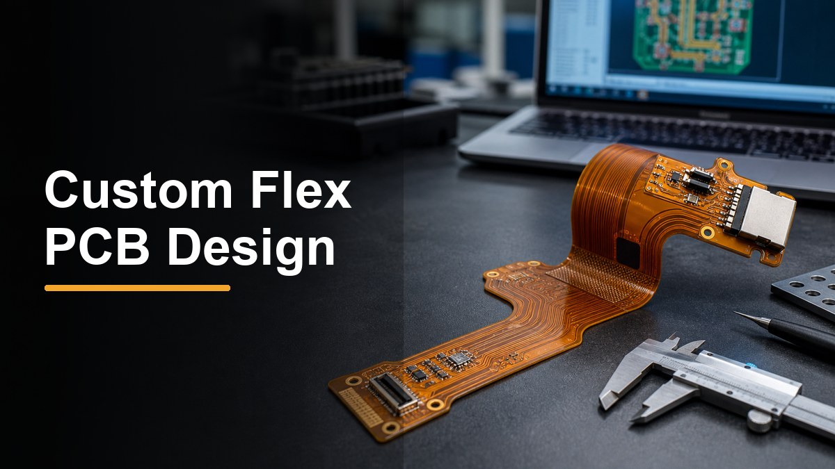 Custom flex PCB design review with a flexible printed circuit board on an engineering bench