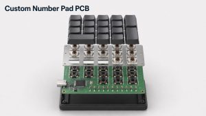 Custom Number Pad PCB exploded 3D structure with keycaps, switches, mounting plate, controller, diodes and USB-C connector