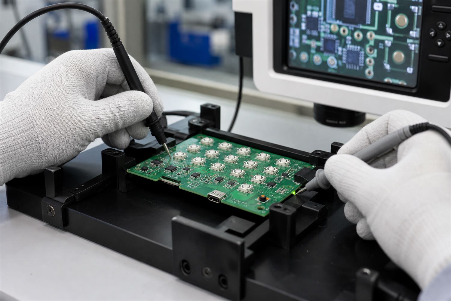 Custom number pad PCB assembly undergoing automated optical inspection and functional key testing