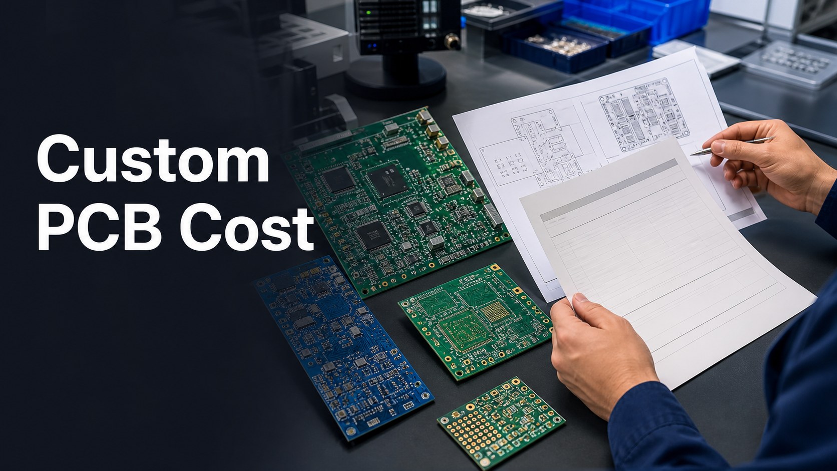 Engineer reviewing different custom PCB designs and quotation documents
