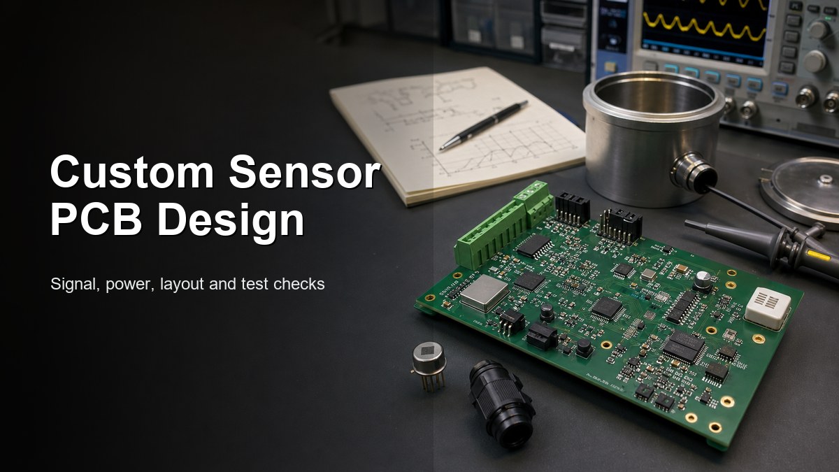 Custom sensor PCB design workbench with sensor board, oscilloscope and enclosure parts