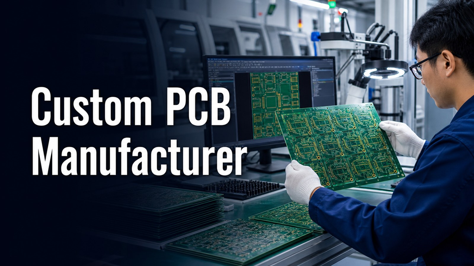 Custom PCB manufacturer RFQ guide with engineer reviewing circuit boards