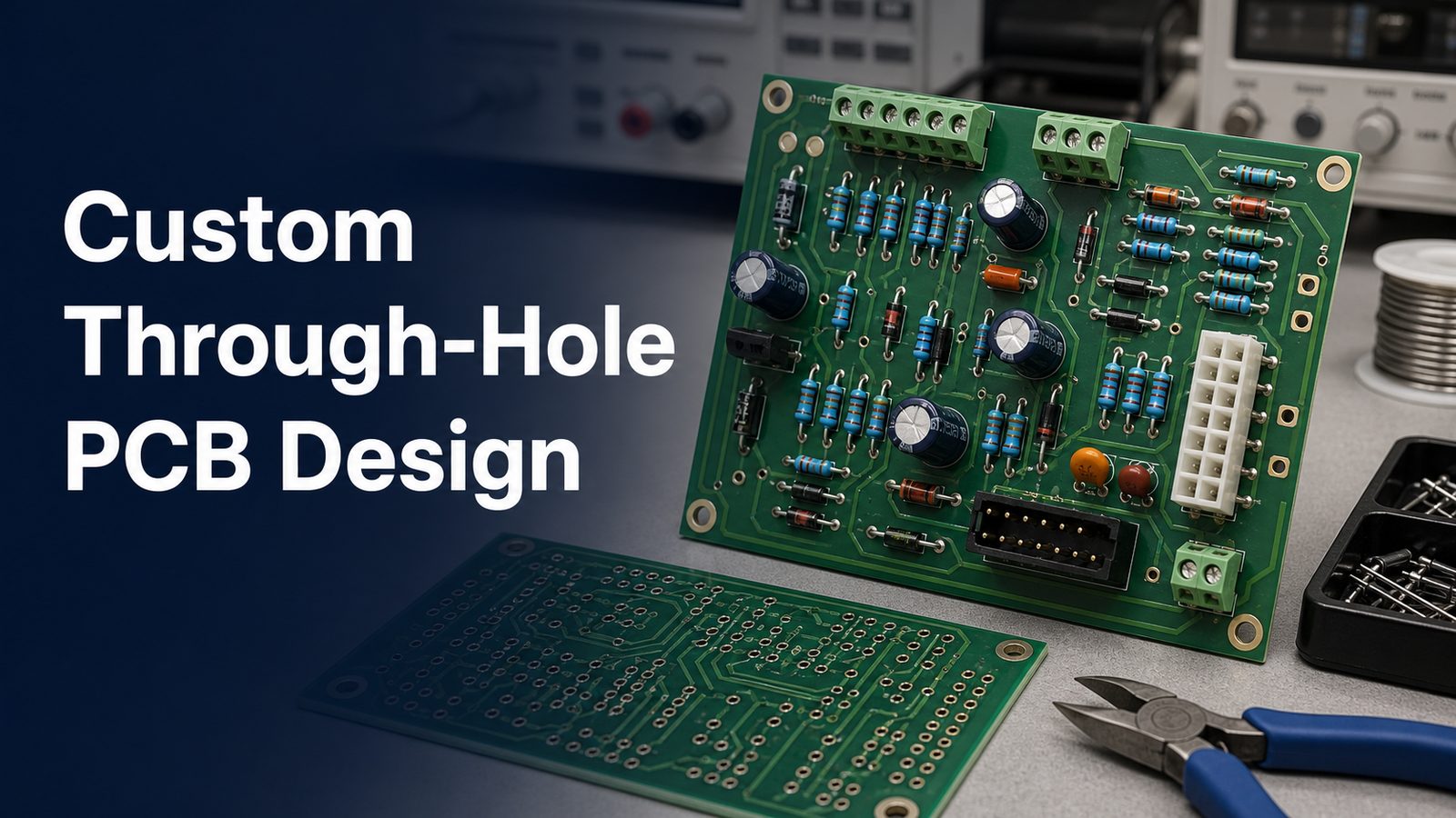 Custom through-hole PCB design with leaded components and plated drill patterns