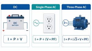DC, single-phase AC and three-phase AC watts to amps formulas