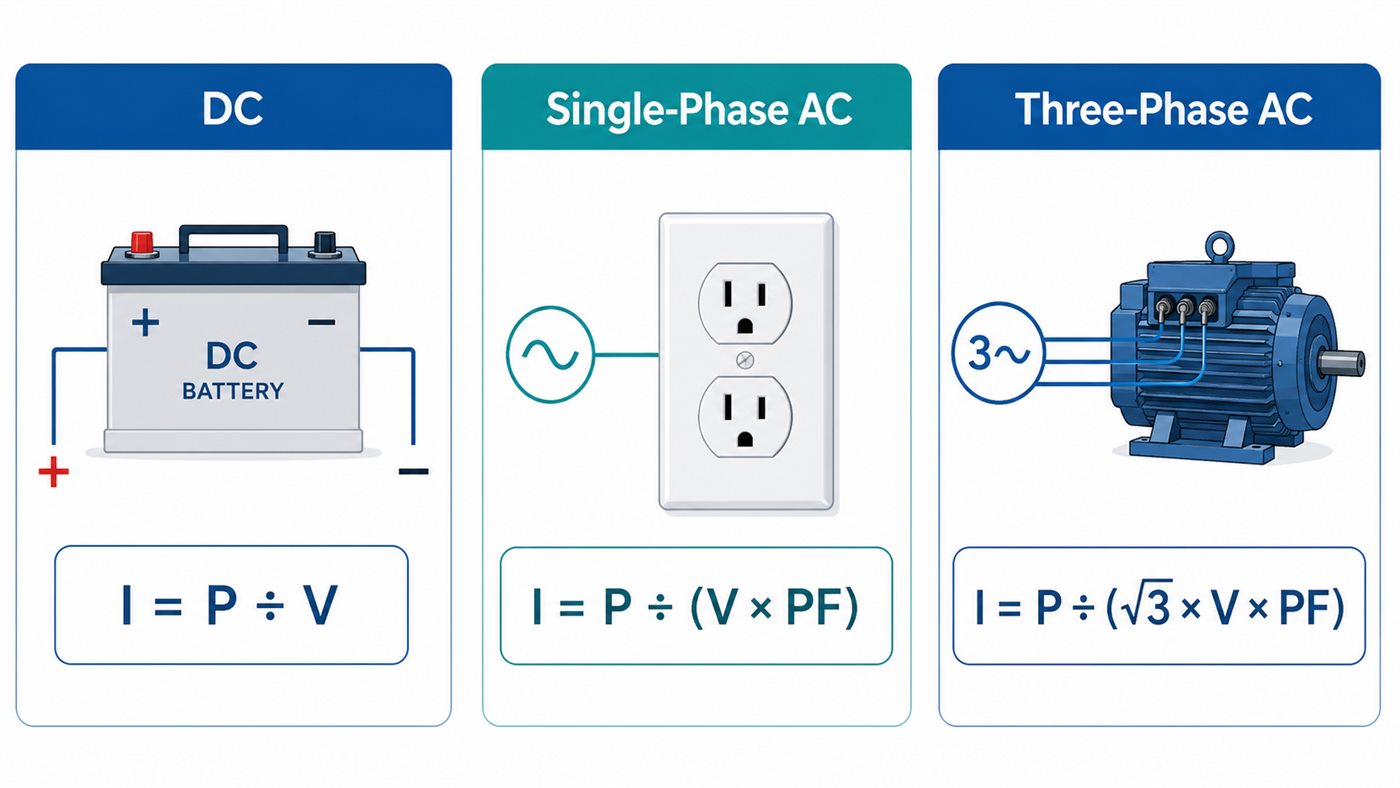 DC, single-phase AC and three-phase AC watts to amps formulas