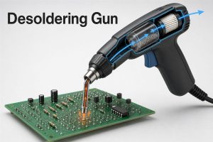 Cutaway view of an electric vacuum desoldering gun removing solder from a through-hole PCB joint