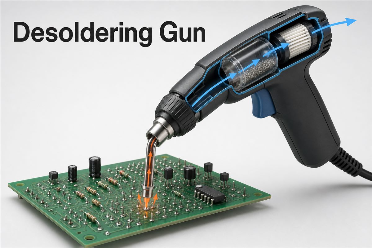 Cutaway view of an electric vacuum desoldering gun removing solder from a through-hole PCB joint