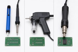 Manual solder sucker, electric vacuum desoldering gun, and hot-air rework handpiece shown with suitable PCB joints
