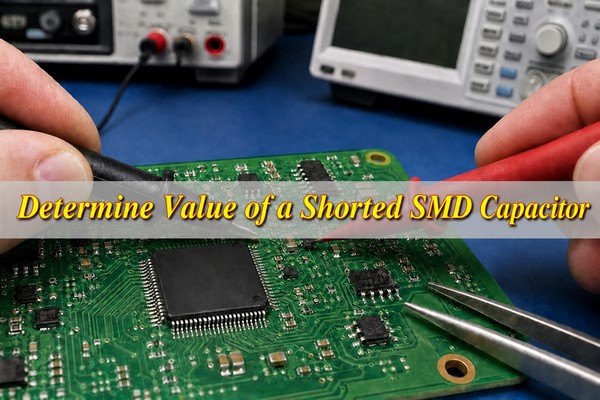 Technician diagnosing a shorted SMD capacitor on a faulty PCB