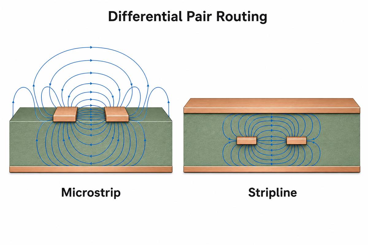 Differential pair routing comparison for microstrip and stripline