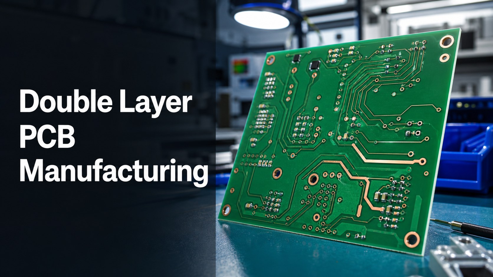 Double layer PCB manufacturing with copper traces and plated through holes