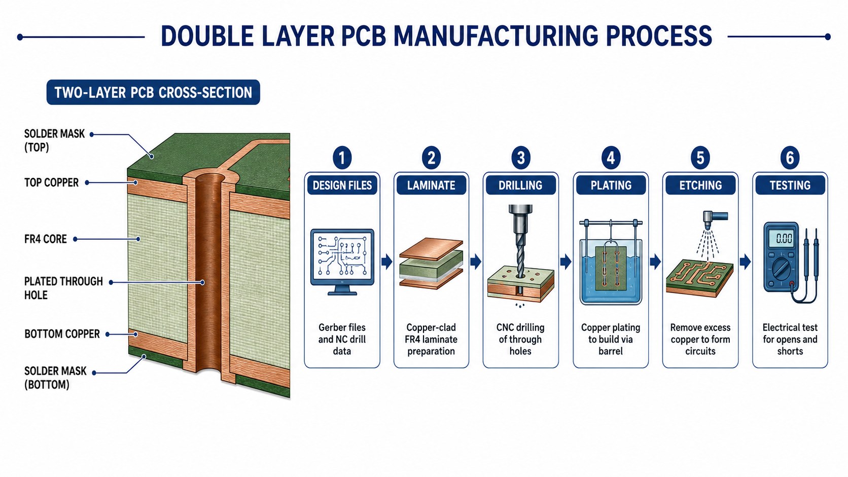 Double layer PCB manufacturing process flow from design files to testing