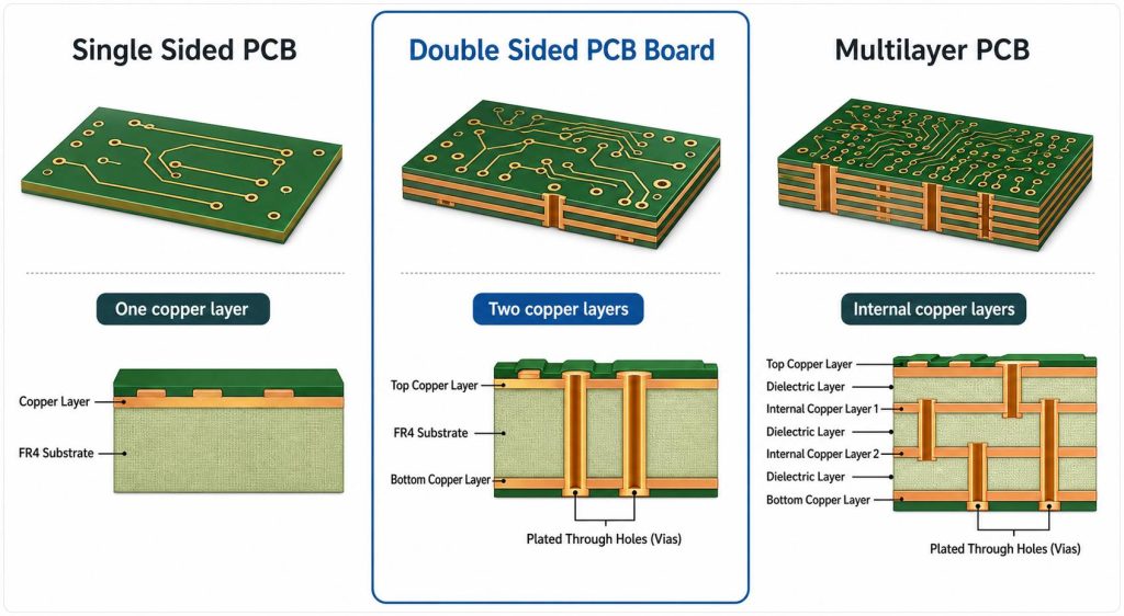 Single sided PCB, double sided PCB board, and multilayer PCB structure comparison