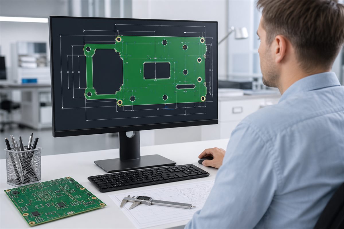 Engineer reviewing DXF board outline cutouts slots and mounting holes in CAD
