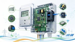 Cutaway illustration of smart electrical meter internal PCB and electronic components