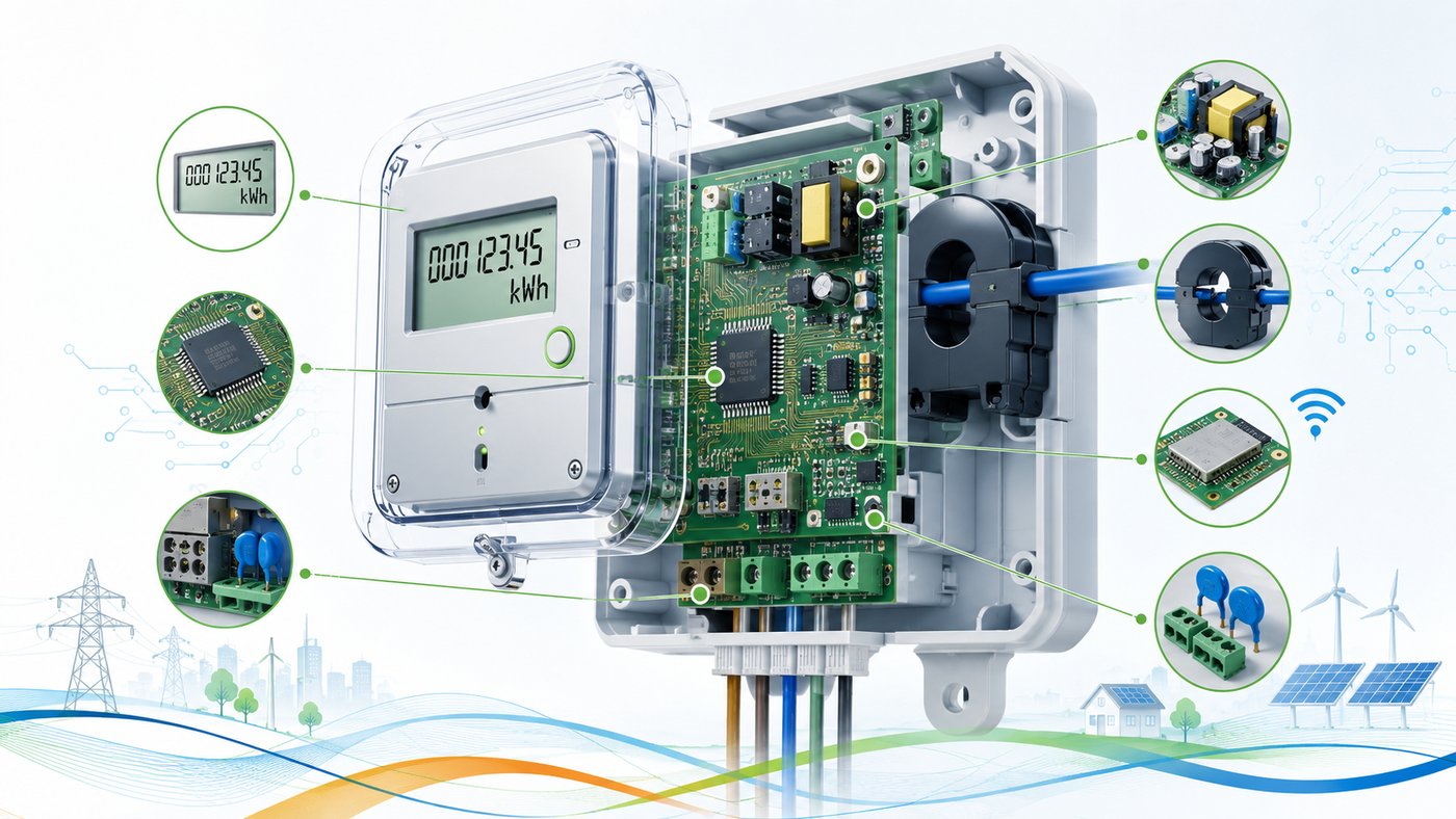 Cutaway illustration of smart electrical meter internal PCB and electronic components