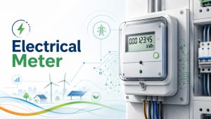 Electrical meter hero illustration showing a smart electricity meter, grid connectivity, and renewable energy