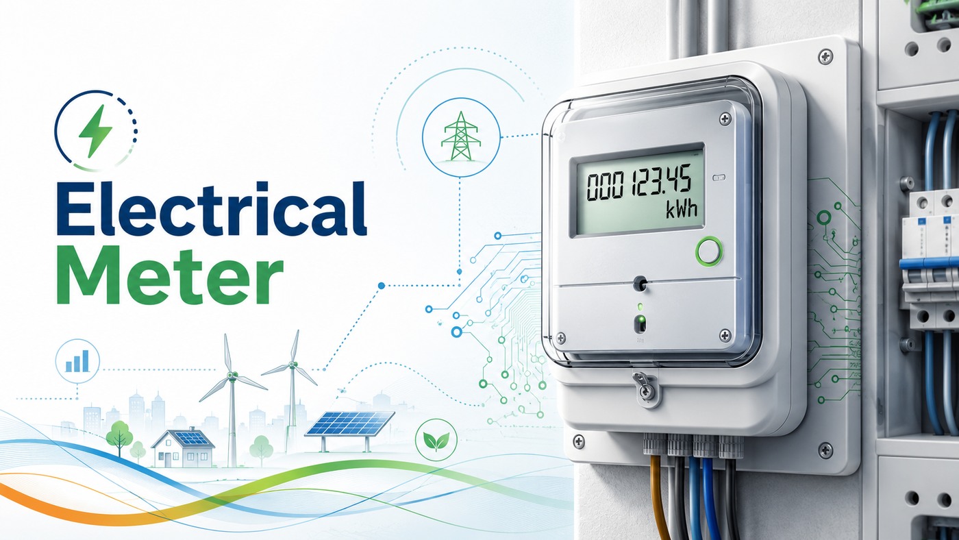 Electrical meter hero illustration showing a smart electricity meter, grid connectivity, and renewable energy