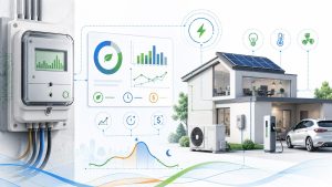 Smart electrical meter data dashboard connected to home energy loads, solar panels, and EV charging