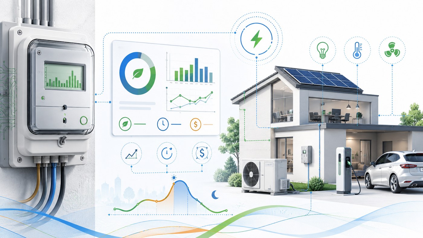 Smart electrical meter data dashboard connected to home energy loads, solar panels, and EV charging
