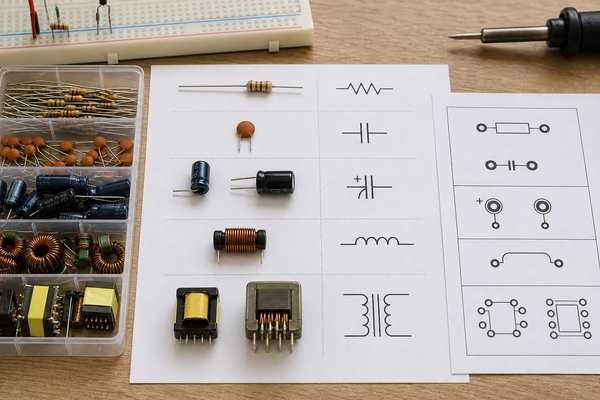 Passive component symbols compared with PCB components