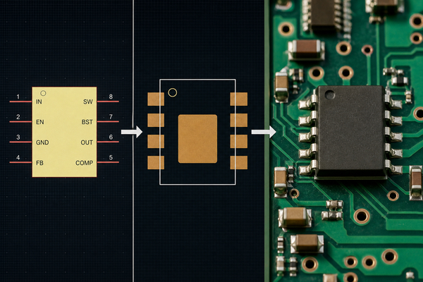 Schematic symbol mapped to a PCB footprint and board markings