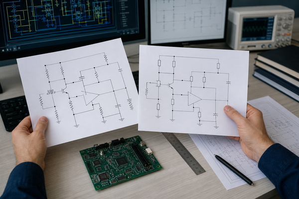 Engineer comparing IEC and ANSI schematic symbol conventions