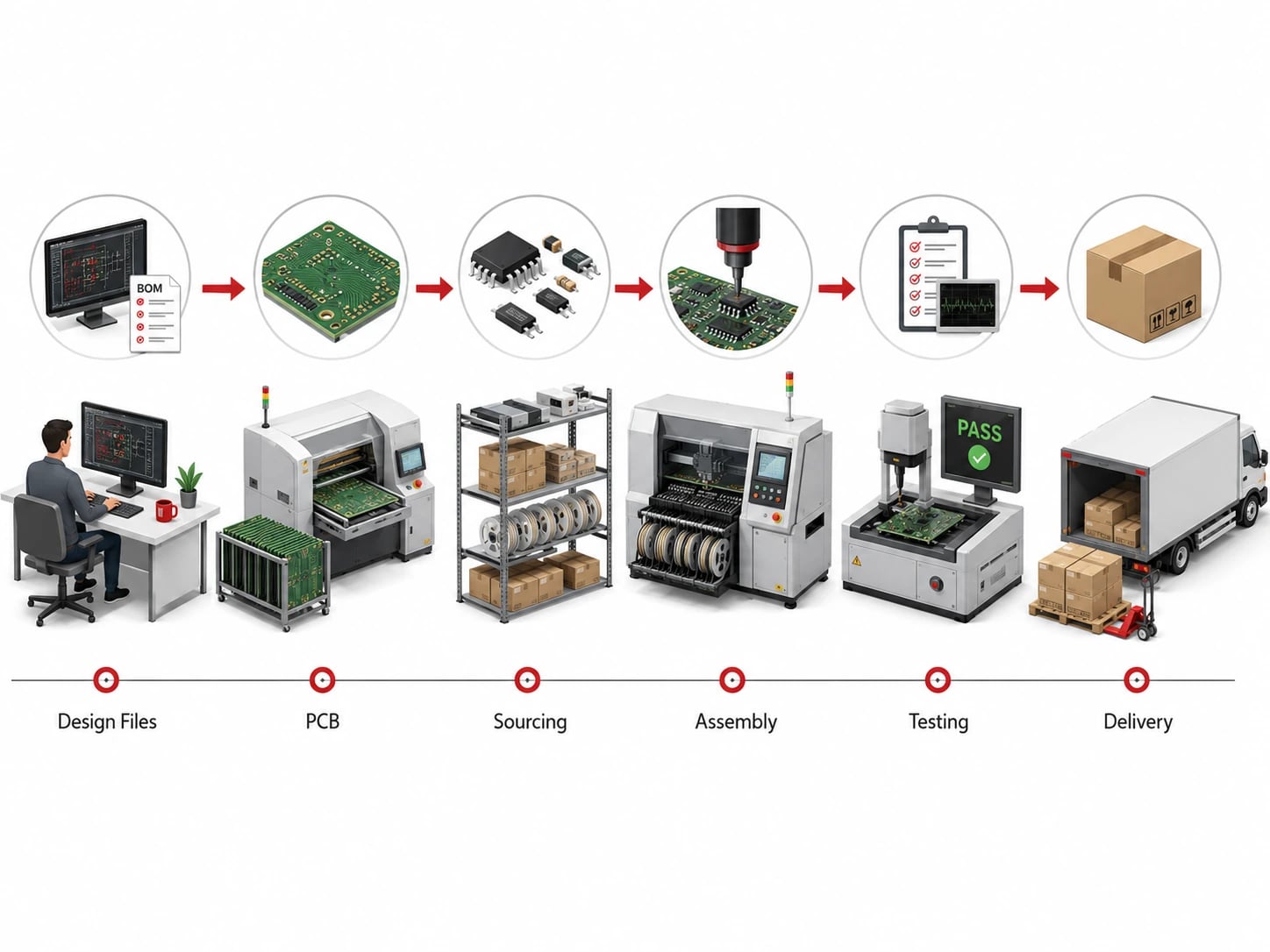 Electronic contract manufacturing workflow from design files to delivery
