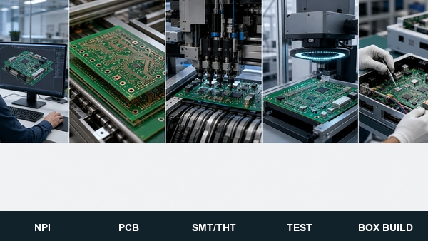 Electronic manufacturing services workflow from NPI through box build