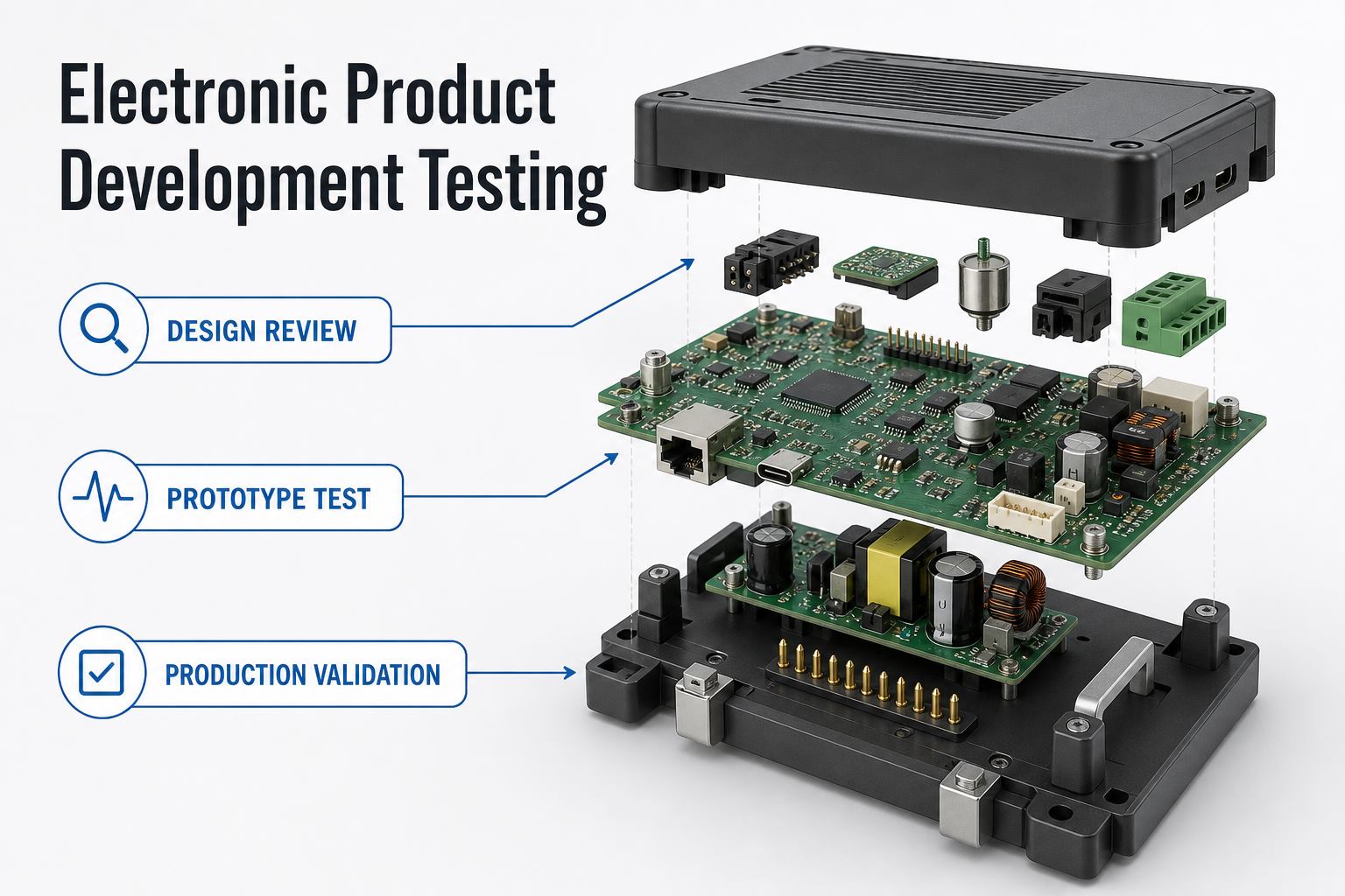Exploded electronic product, PCBA, and test fixture used across design review, prototype test, and production validation