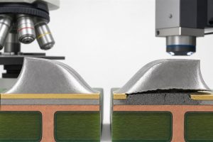 Microscope comparison of a healthy ENIG solder joint and a nickel-corroded interface