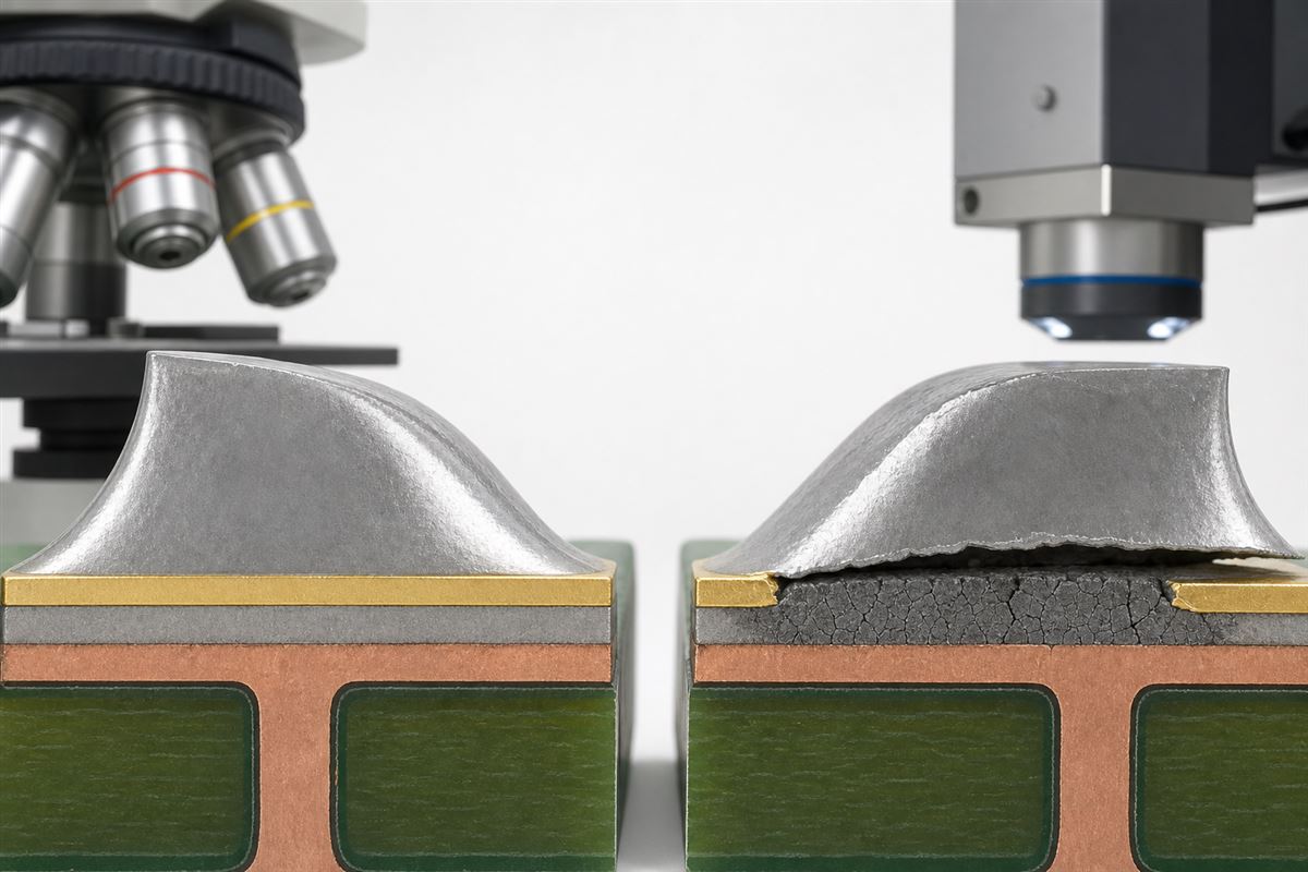 Microscope comparison of a healthy ENIG solder joint and a nickel-corroded interface