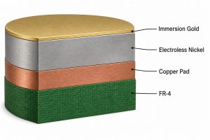 Cross-section of immersion gold, electroless nickel, copper pad, and FR4 in an ENIG PCB