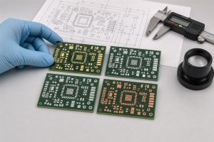 Engineer comparing PCB surface finish samples for a new board design