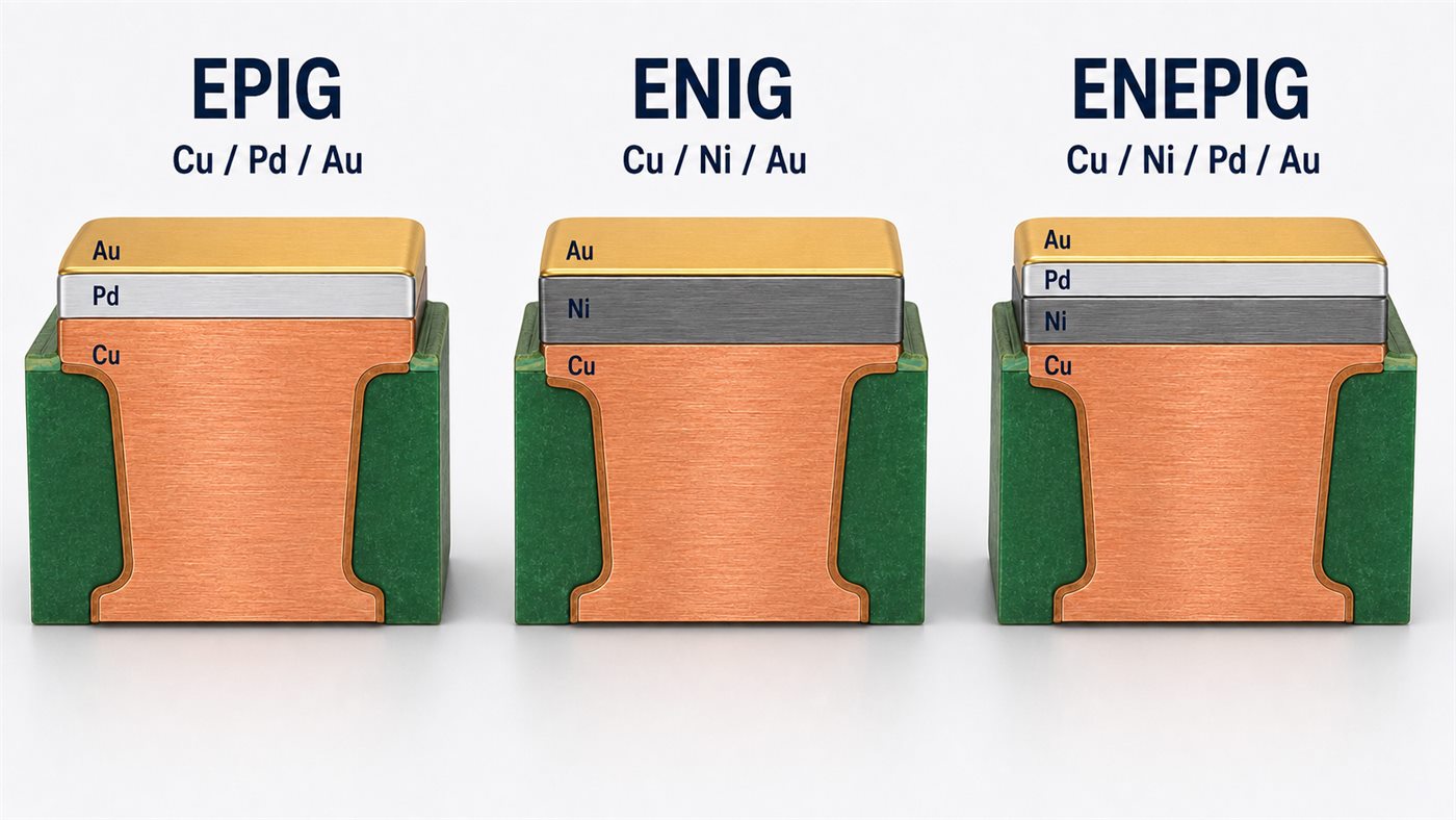 Labeled comparison of EPIG, ENIG, and ENEPIG PCB surface finish layers