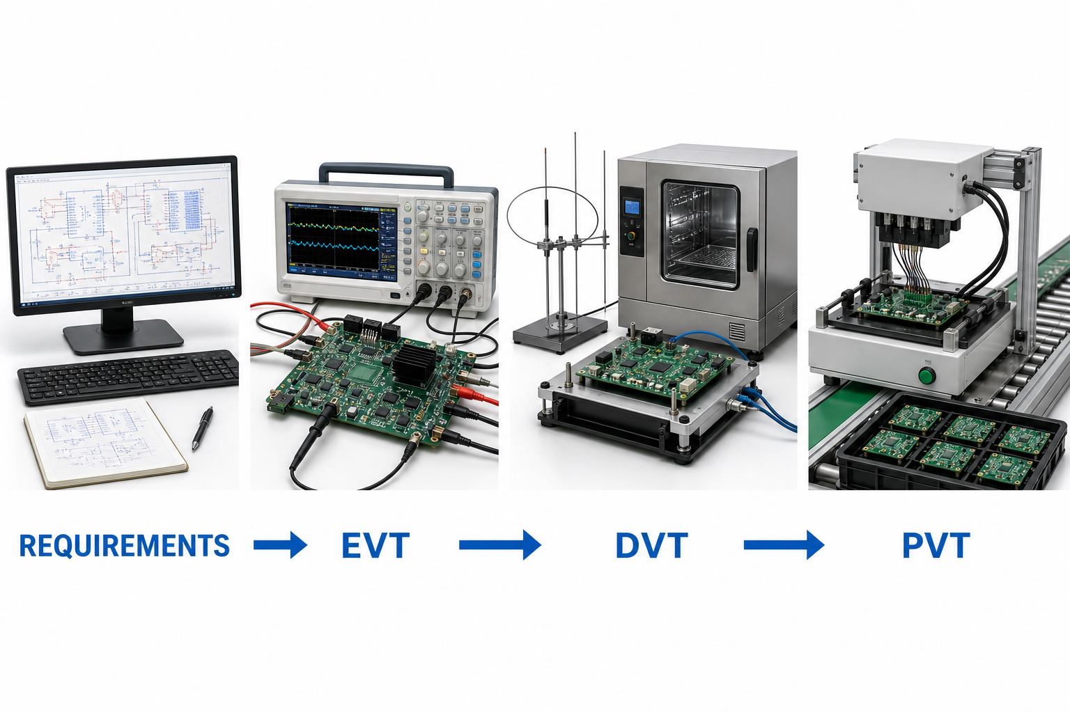 Requirements, EVT, DVT, and PVT electronic product validation stages from schematic review to production fixture