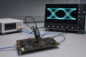 Eye diagram test setup with oscilloscope, probe, pattern generator, and PCB