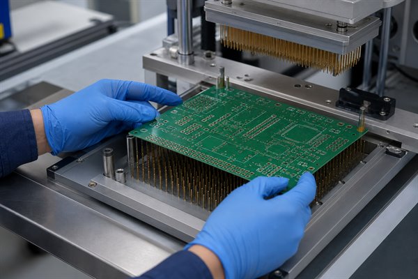 Bare PCB positioned on a dedicated bed-of-nails electrical test fixture