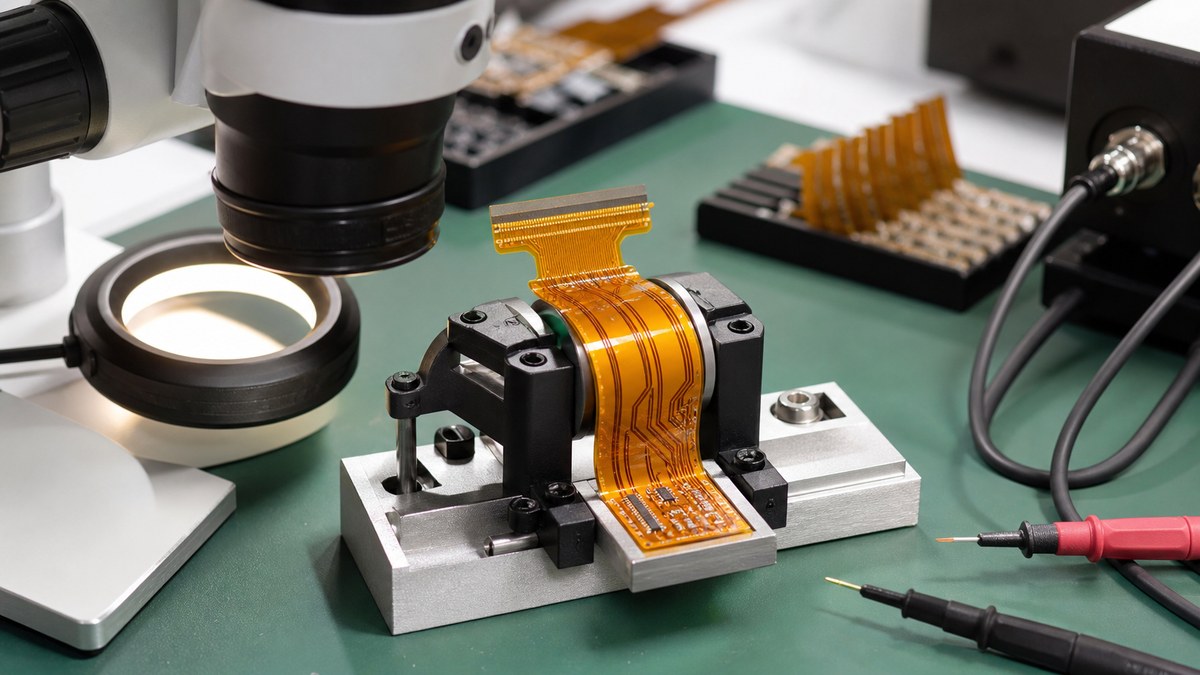 Flexible PCB bending inspection in a test fixture with microscope and probes