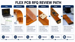 Flex PCB RFQ review path for files bend area coverlay stiffener PCBA inspection and delivery