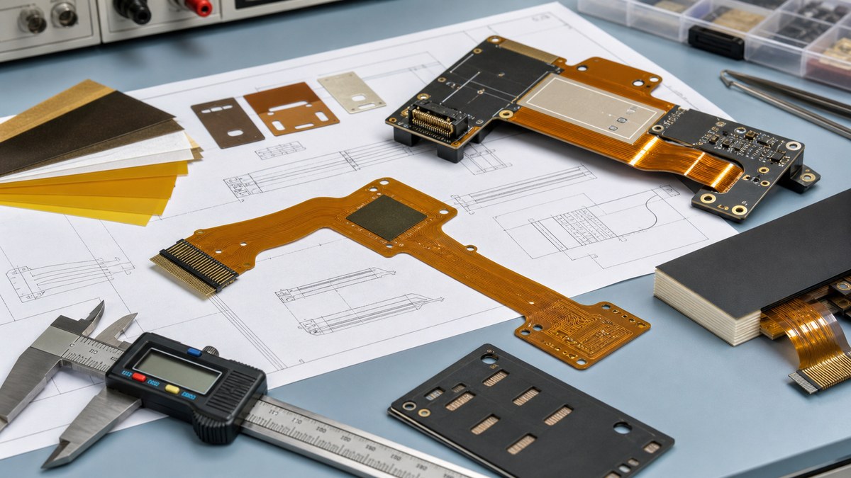 Custom flex PCB stackup and stiffener review with drawings, samples and calipers