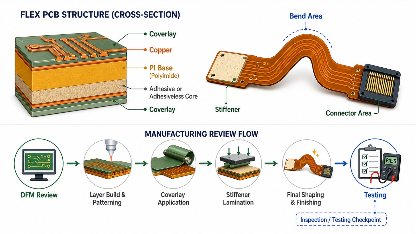 Flex PCB structure and manufacturing review flow with coverlay stiffener bend area and testing checkpoints