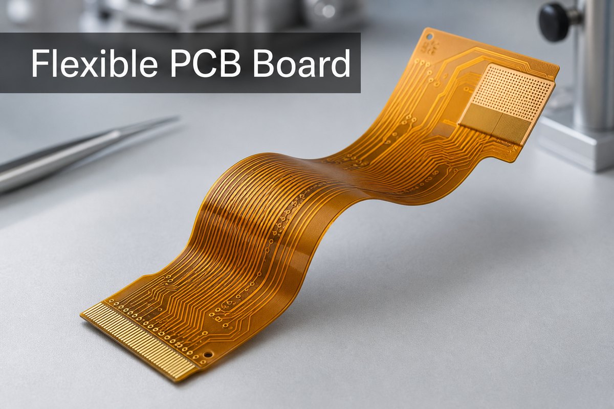 Flexible PCB board bending in a smooth curve on an engineering workbench