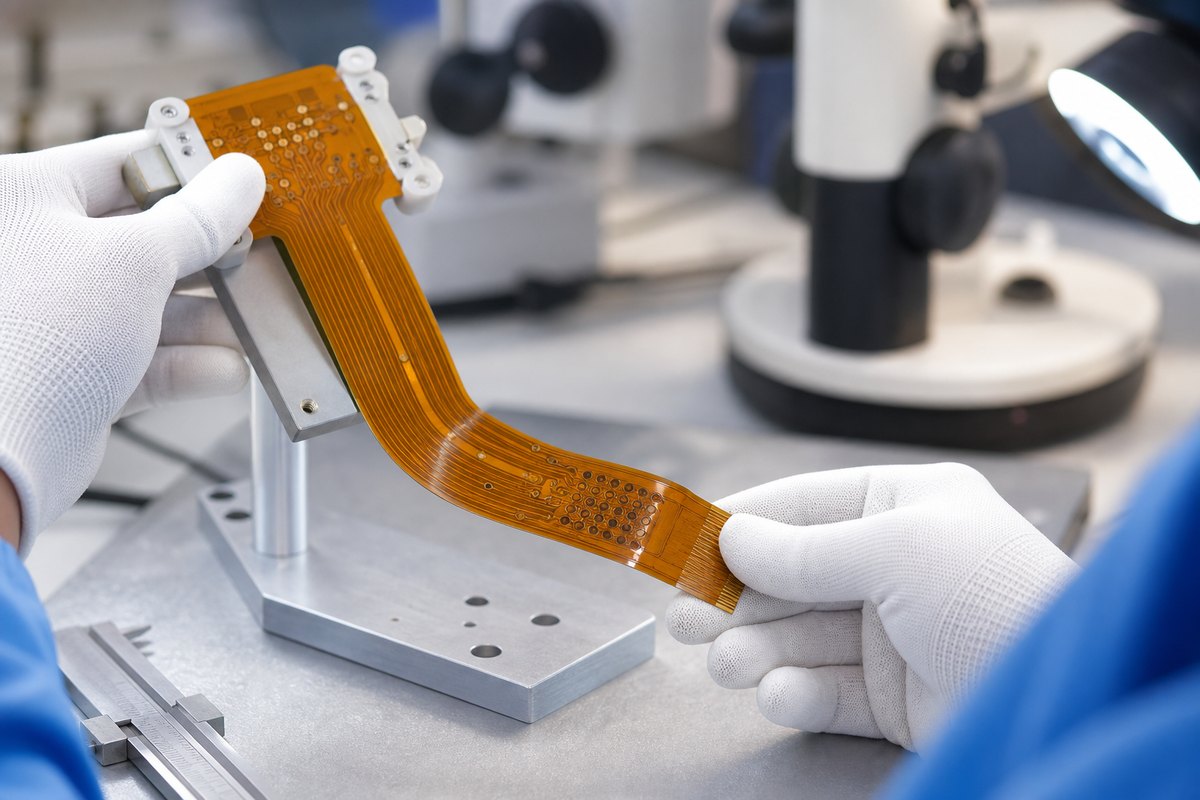 Engineer inspecting flexible PCB bend zones, traces and reinforced connector area