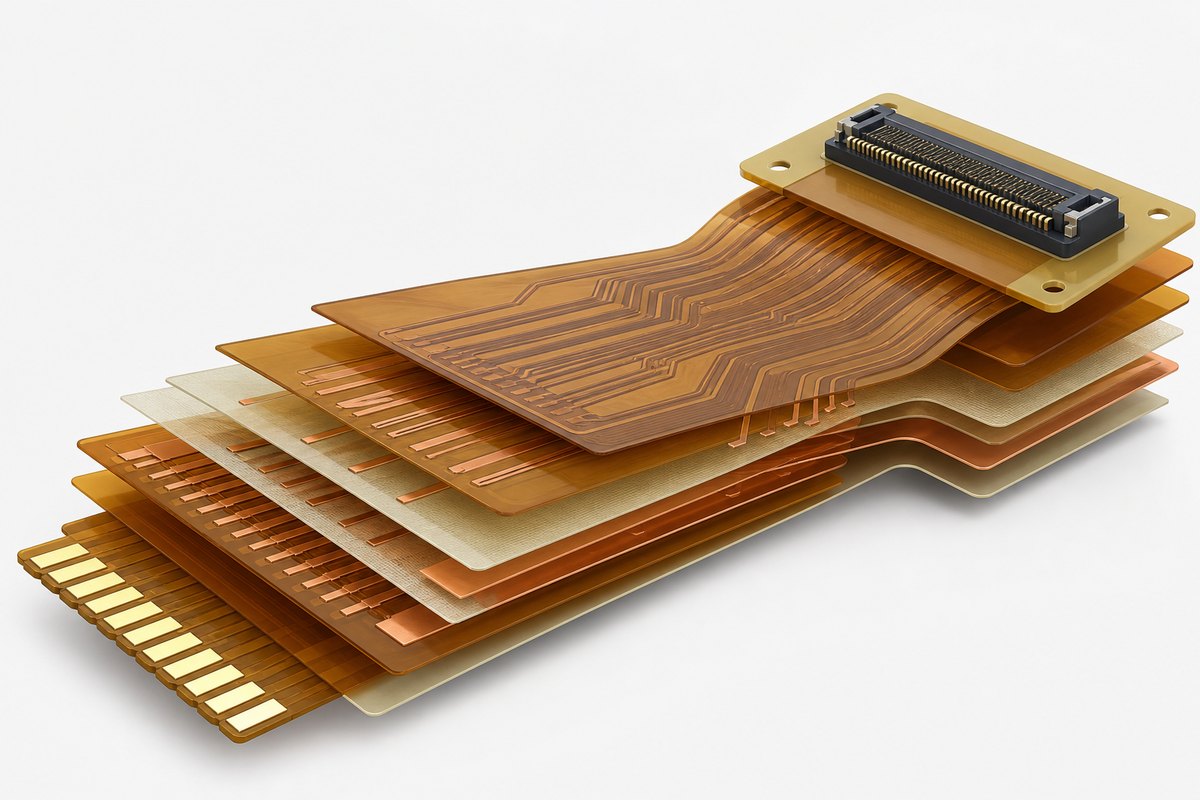 Exploded flexible PCB material stack with polyimide, copper, coverlay and connector stiffener