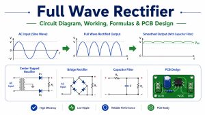 Full wave rectifier circuit diagram, waveform, capacitor filter, and PCB design overview