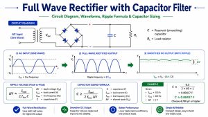Full wave rectifier with capacitor filter circuit, ripple waveform, and capacitor sizing formula