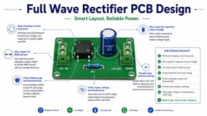Full wave rectifier PCB layout showing compact current loop, reservoir capacitor placement, polarity, and thermal design